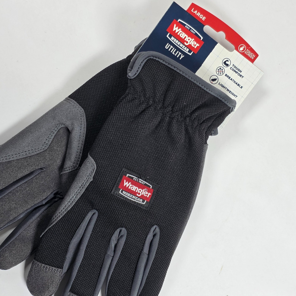 Wrangler Men’s Black Utility Work Gloves – Large Synthetic Leather Palm Glove